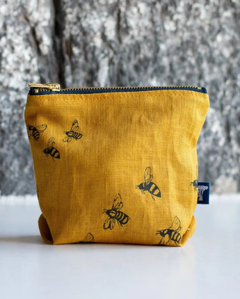 Linen Make Up Bag with Bee Design - Mustard
