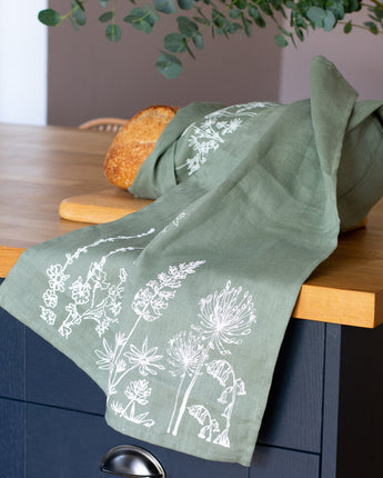 Linen Garden Design Tea Towel: Sage Green