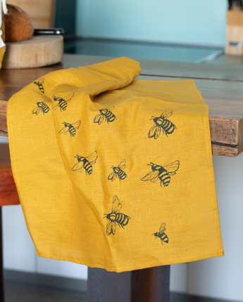 Helen Round Linen Bee Tea Towel: Mustard