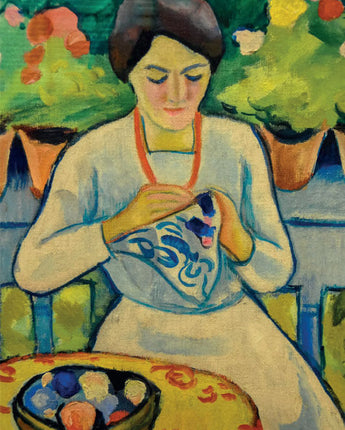 Woman embroidering on Balcony - card